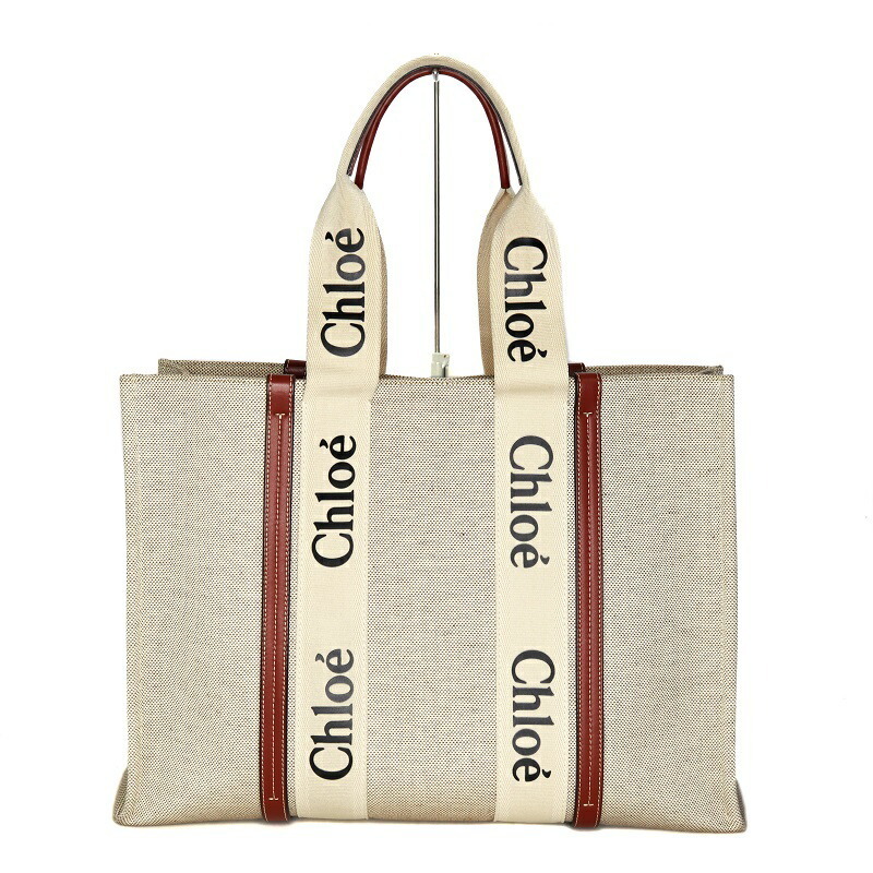 Chloe Woody Tote Bag Handbag Leather Canvas Beige Brown